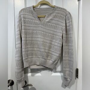 Light Gray Open-Knit V-Neck Sweater